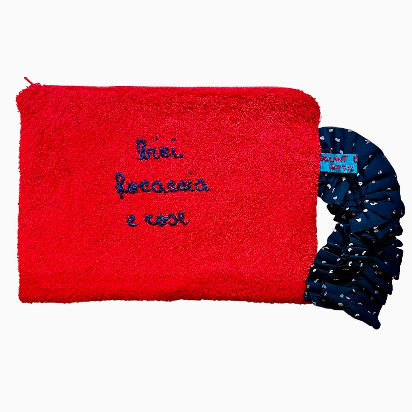 Busta pochette in spugna rosso ricamata a mano " Bici Focaccia e Rose "