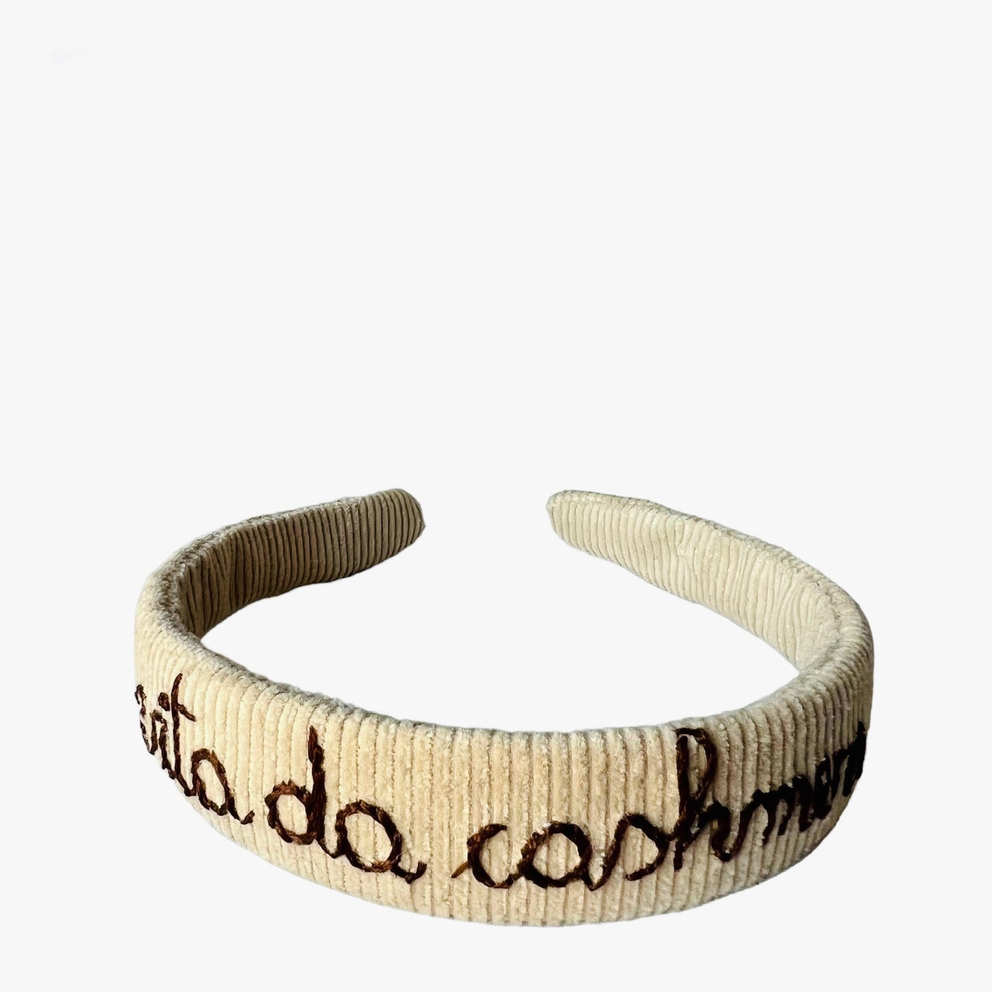 Cerchietto per capelli in velluto millerighe beige ricamato a mano "vita da cashmere"