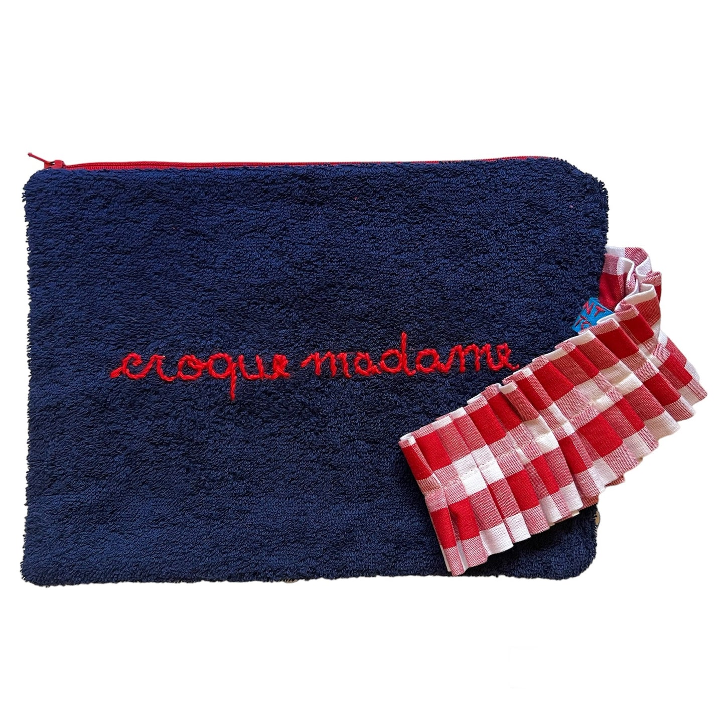 Busta pochette in spugna blu ricamata a mano " Croque Madame "
