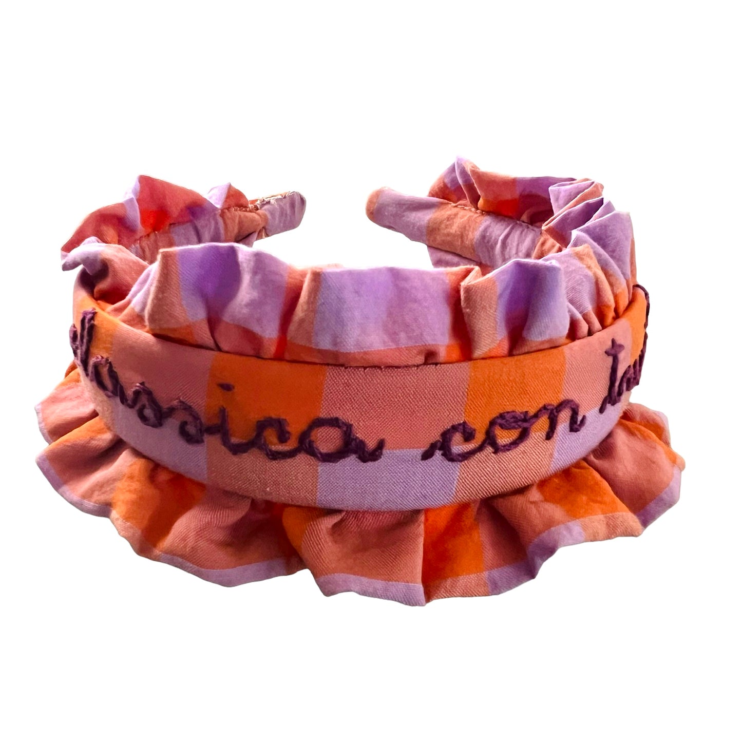 Cerchietto per capelli con mini volant a quadretti lilla e arancio "classica con twist" ricamato a mano