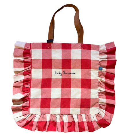 Shopping bag maxi vichy rosso “ lady Riviera” ricamata a mano
