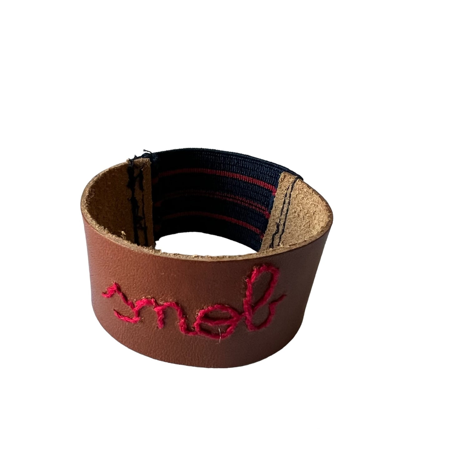 bracciale in cuoio fiore ricamato a mano "snob" e retro in elastico a righe