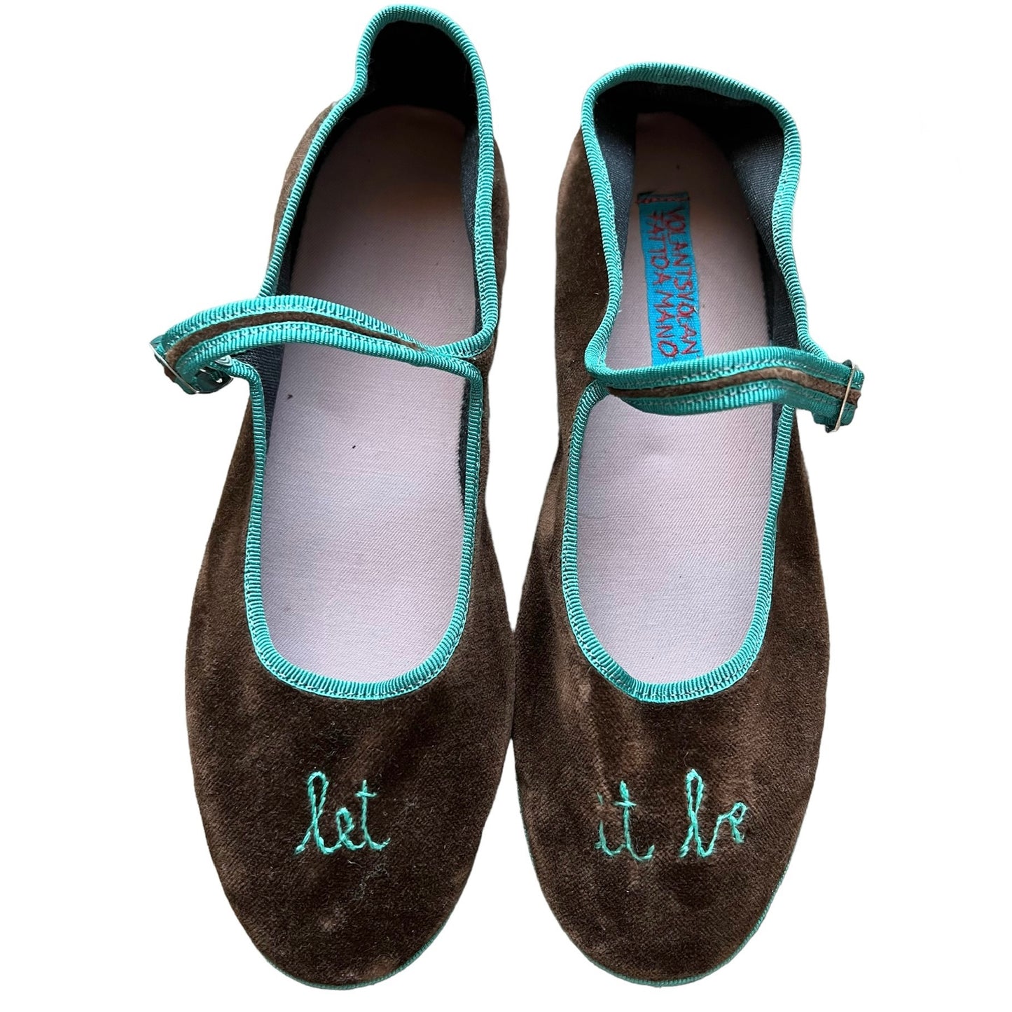 Friulane bebe' velluto marrone "let it be" ricamo a mano personalizzabile