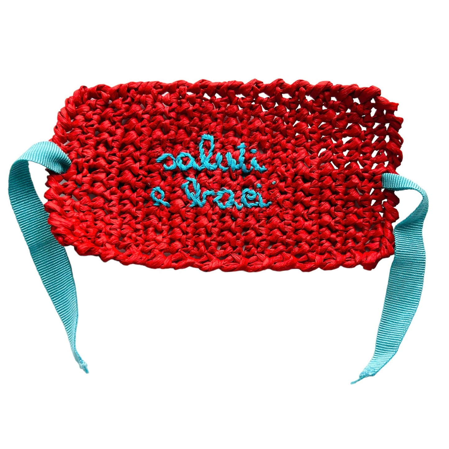 Bracciale alto rosso in rafia "saluti e baci" ricamato a mano