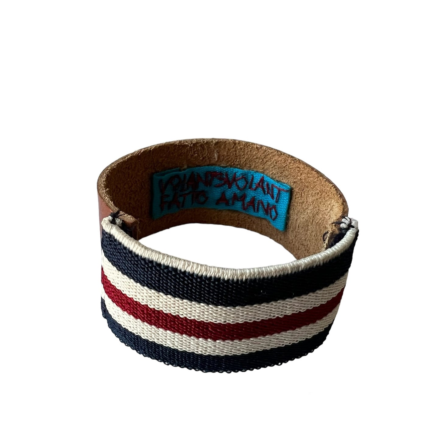 bracciale in cuoio fiore ricamato a mano "oui" e retro in elastico a righe