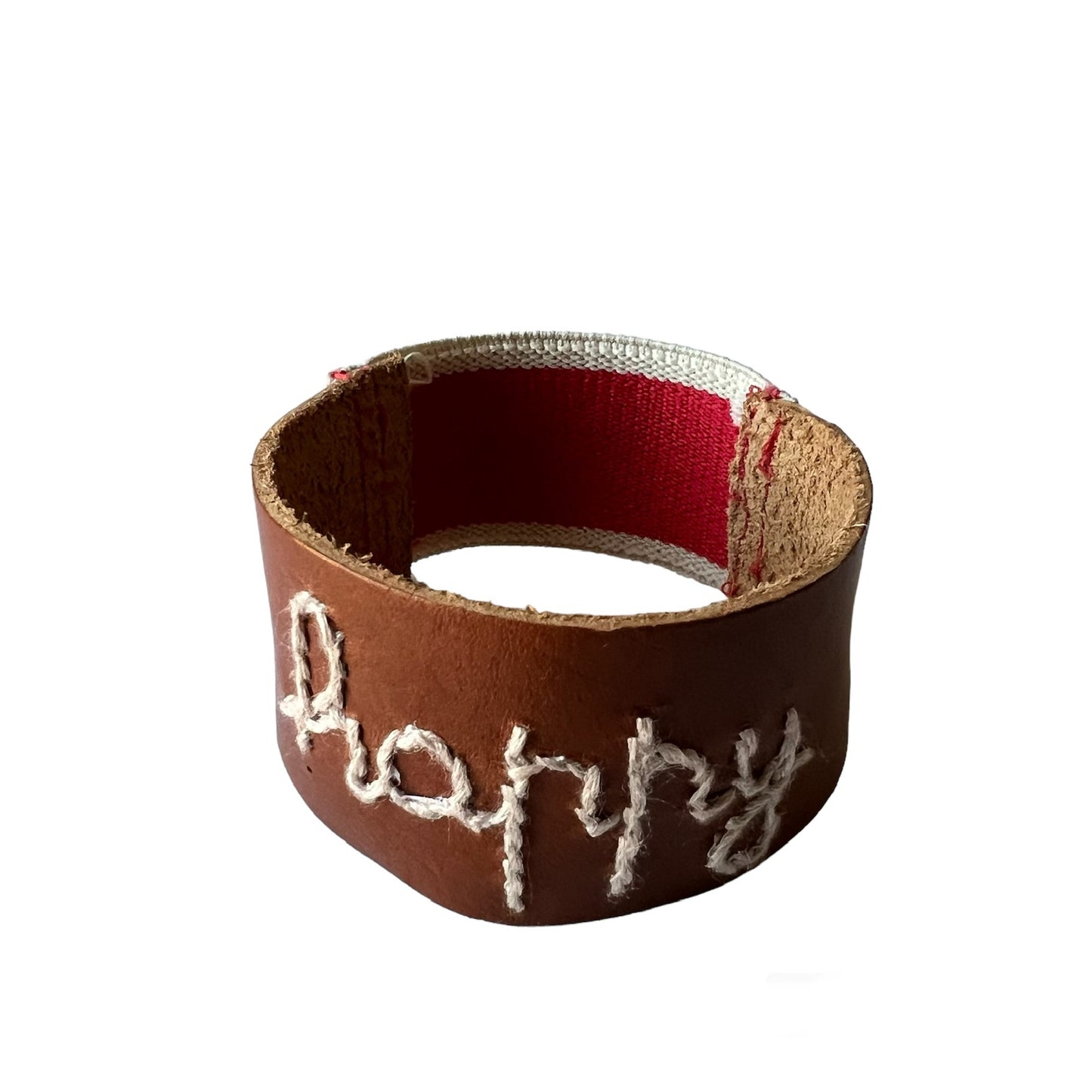 bracciale in cuoio fiore ricamato a mano "happy" e retro in elastico a righe