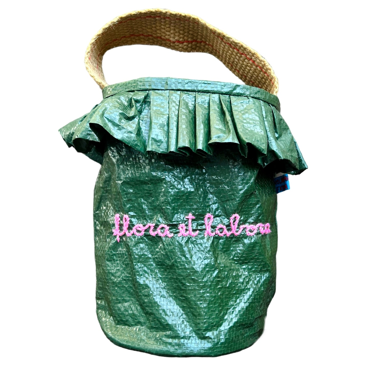 borsa a mano porta fiori e piante "flora et labora" ricamata a mano in rosa