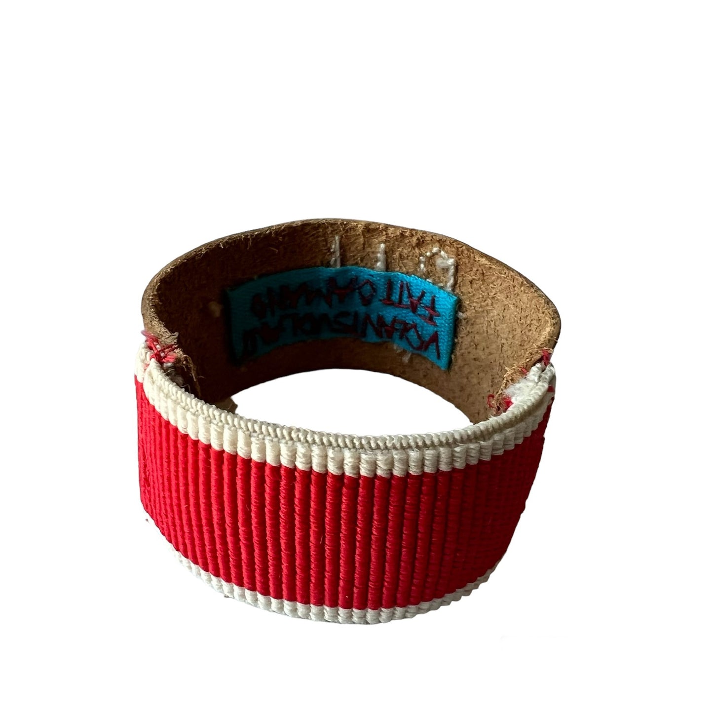 bracciale in cuoio fiore ricamato a mano "happy" e retro in elastico a righe