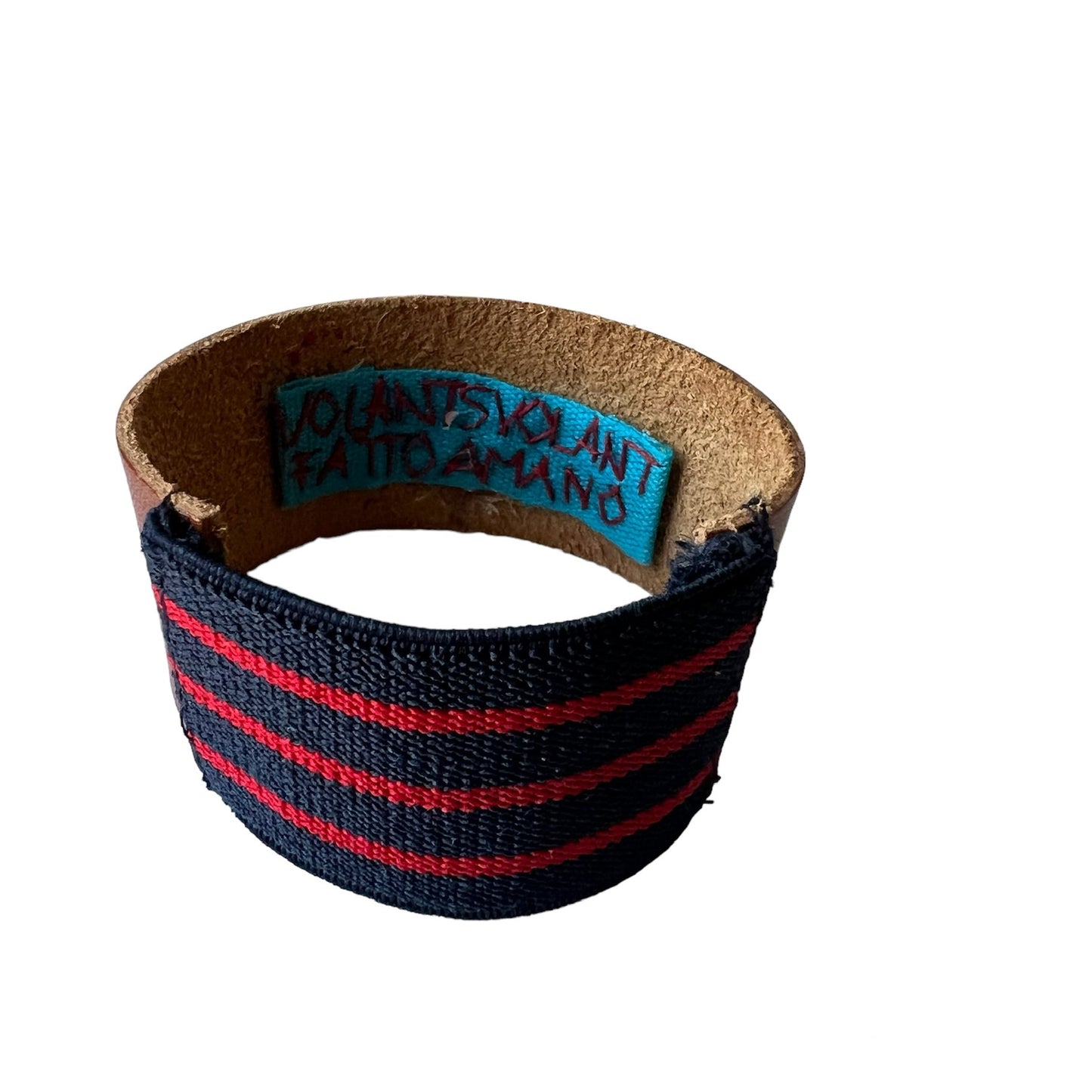bracciale in cuoio fiore ricamato a mano "snob" e retro in elastico a righe