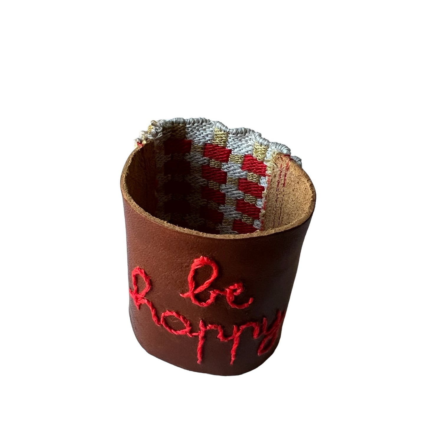 bracciale alto in cuoio fiore ricamato a mano "be happy" e retro in elastico a righe