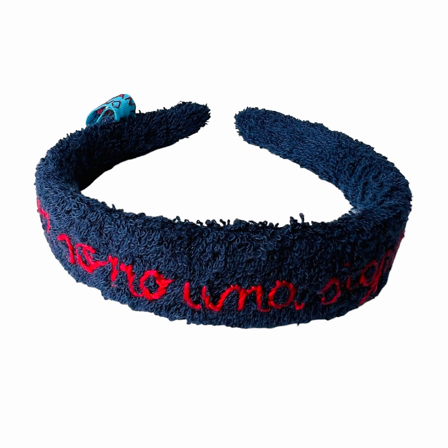 Cerchietto per capelli in morbida spugna blu "non sono una signora" ricamato a mano in rosso