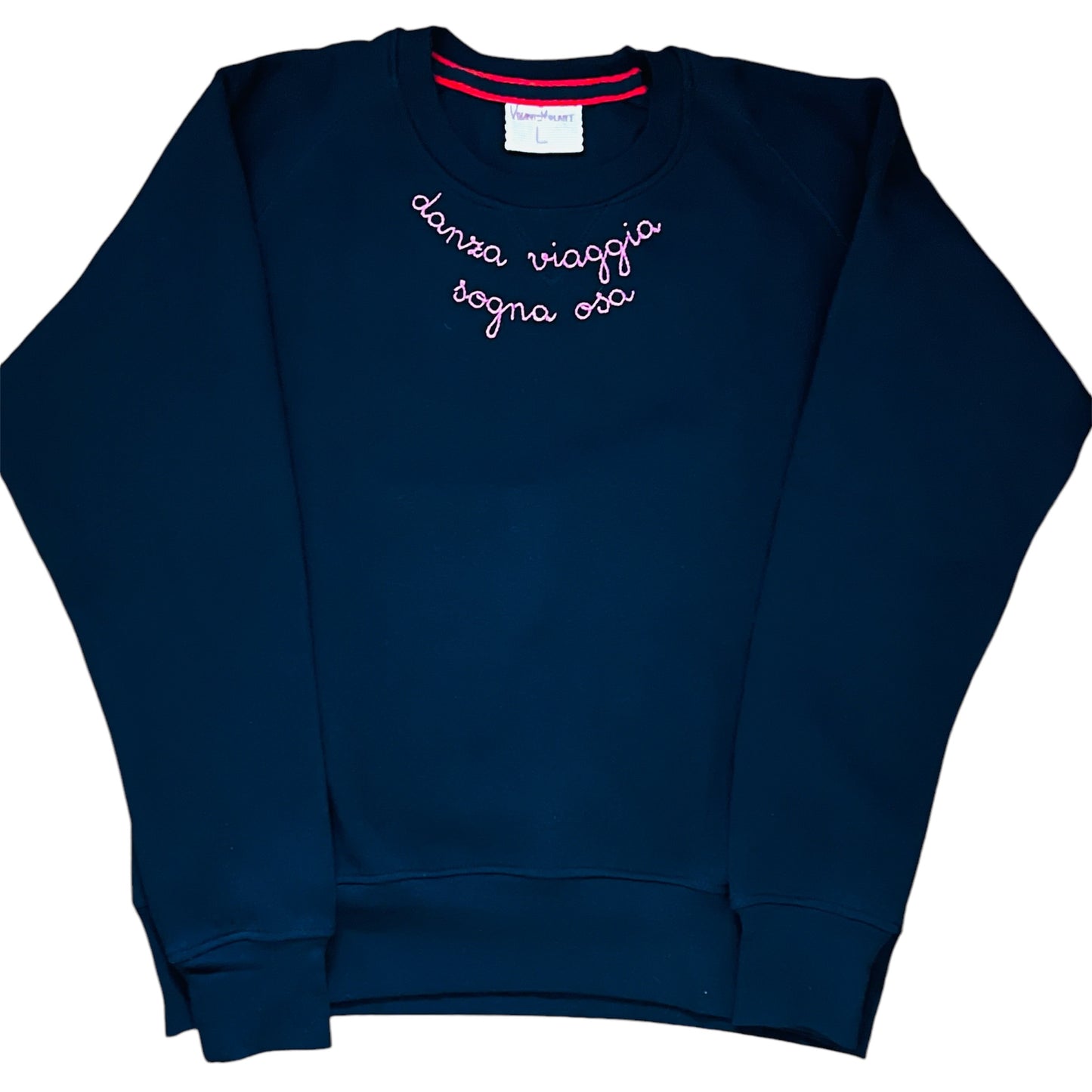 Felpa blu navy” danza viaggia sogna osa” ricamata a mano