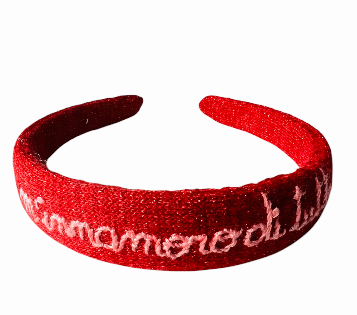 Cerchietto per capelli in maglia e lurex rosso fragola "m'innamoro di tutto" ricamato a mano