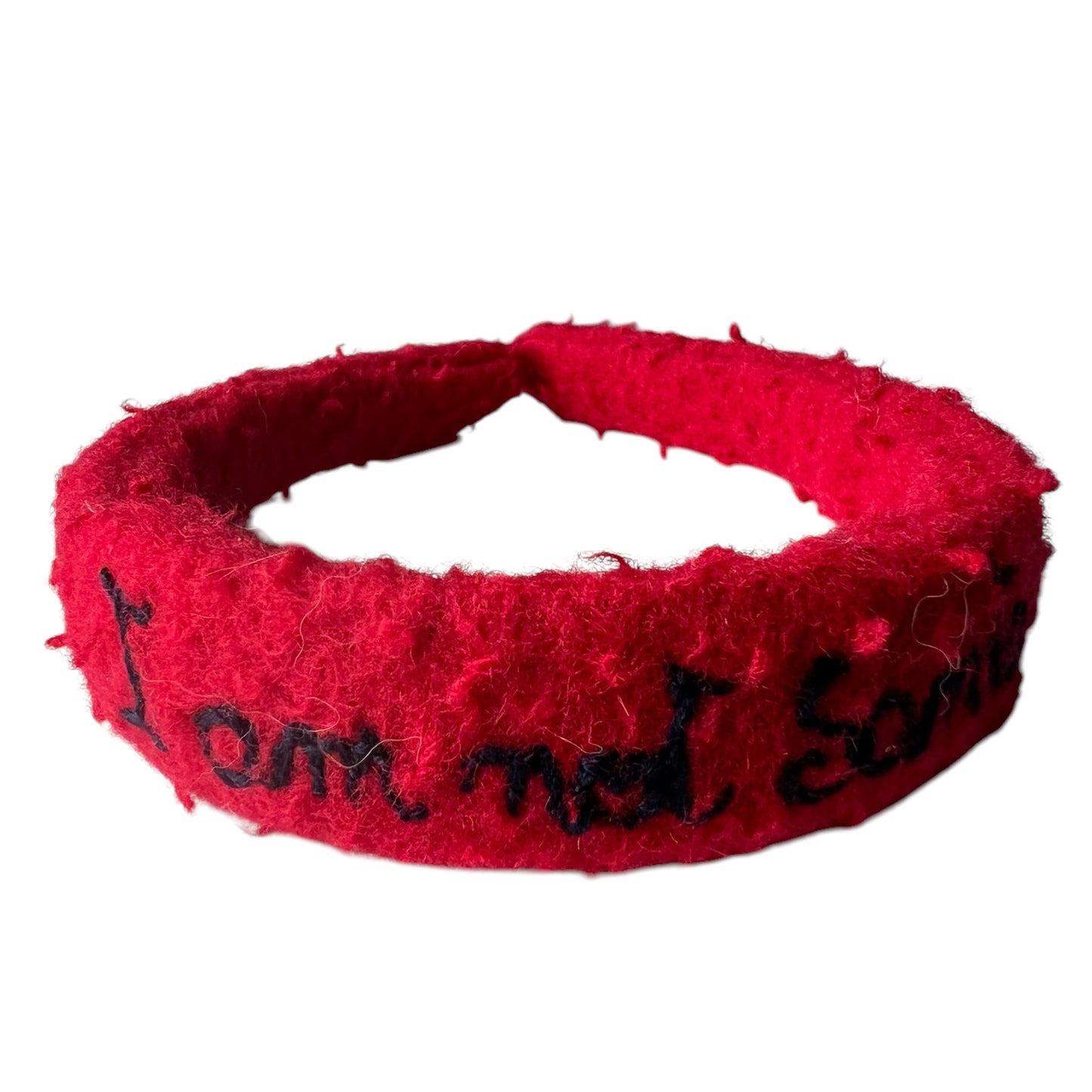 Cerchietto per capelli in panno casentino rosso "i am not Santa" ricamato a mano
