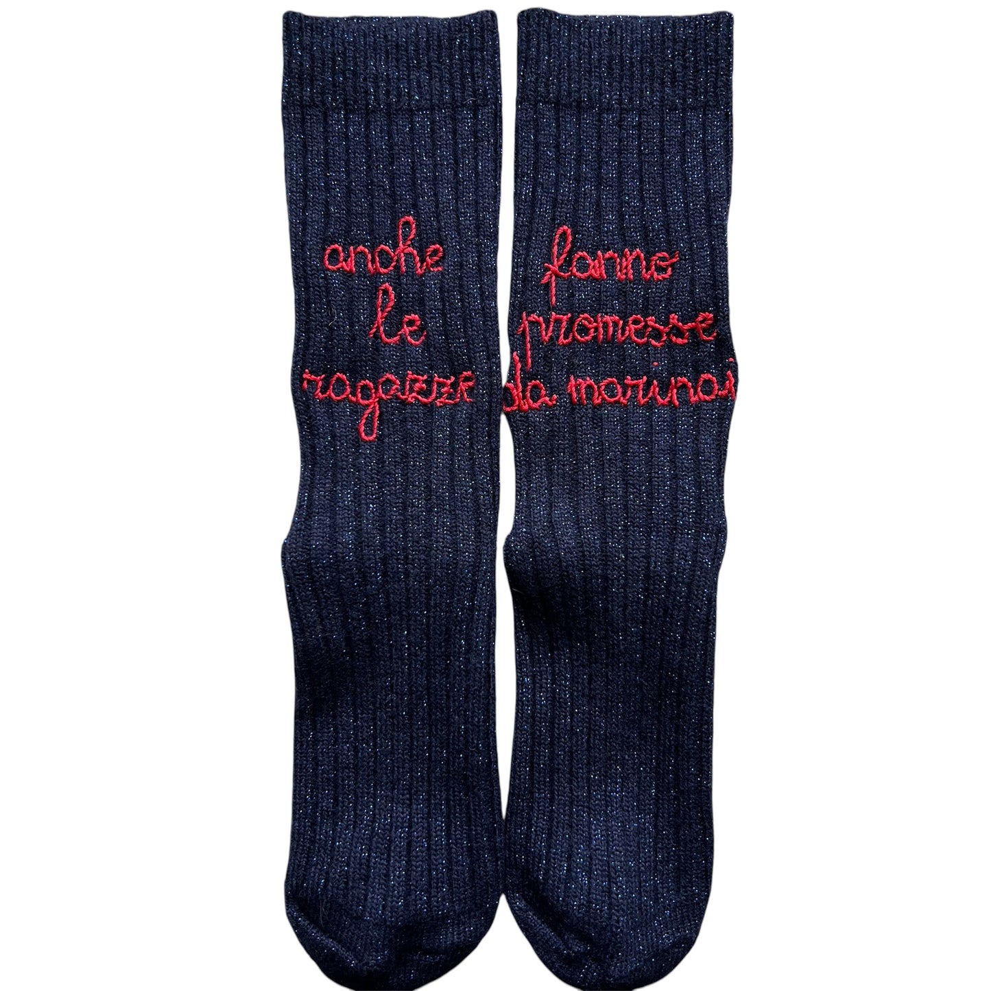 Calzini blu con lurex "anche le ragazze fanno promesse da marinai" ricamati a mano