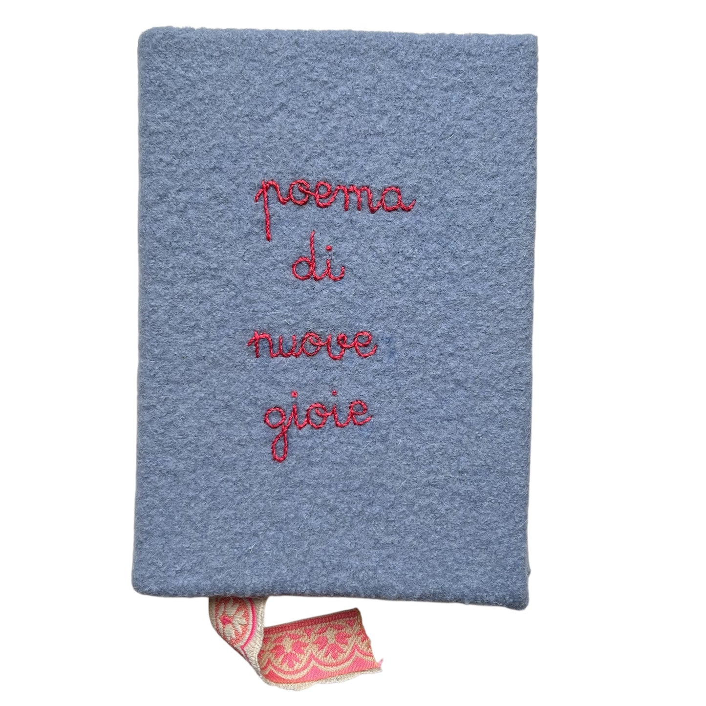 Quaderno in lana boucle' celeste "poema di nuove gioie" ricamato a mano