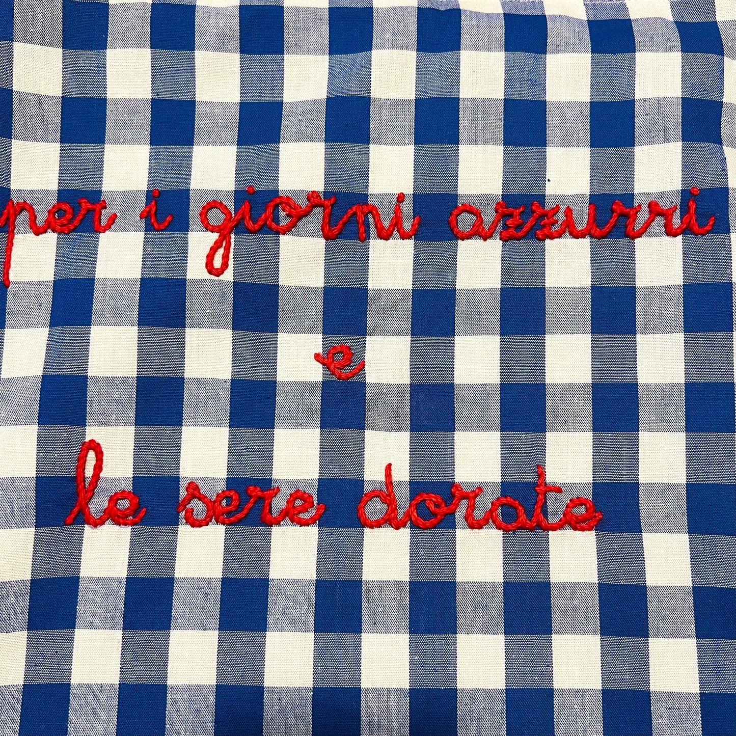 shopping bag in tela a quadri bluette "per i giorni azzurri e le sere dorate" ricamata a mano con manici volants
