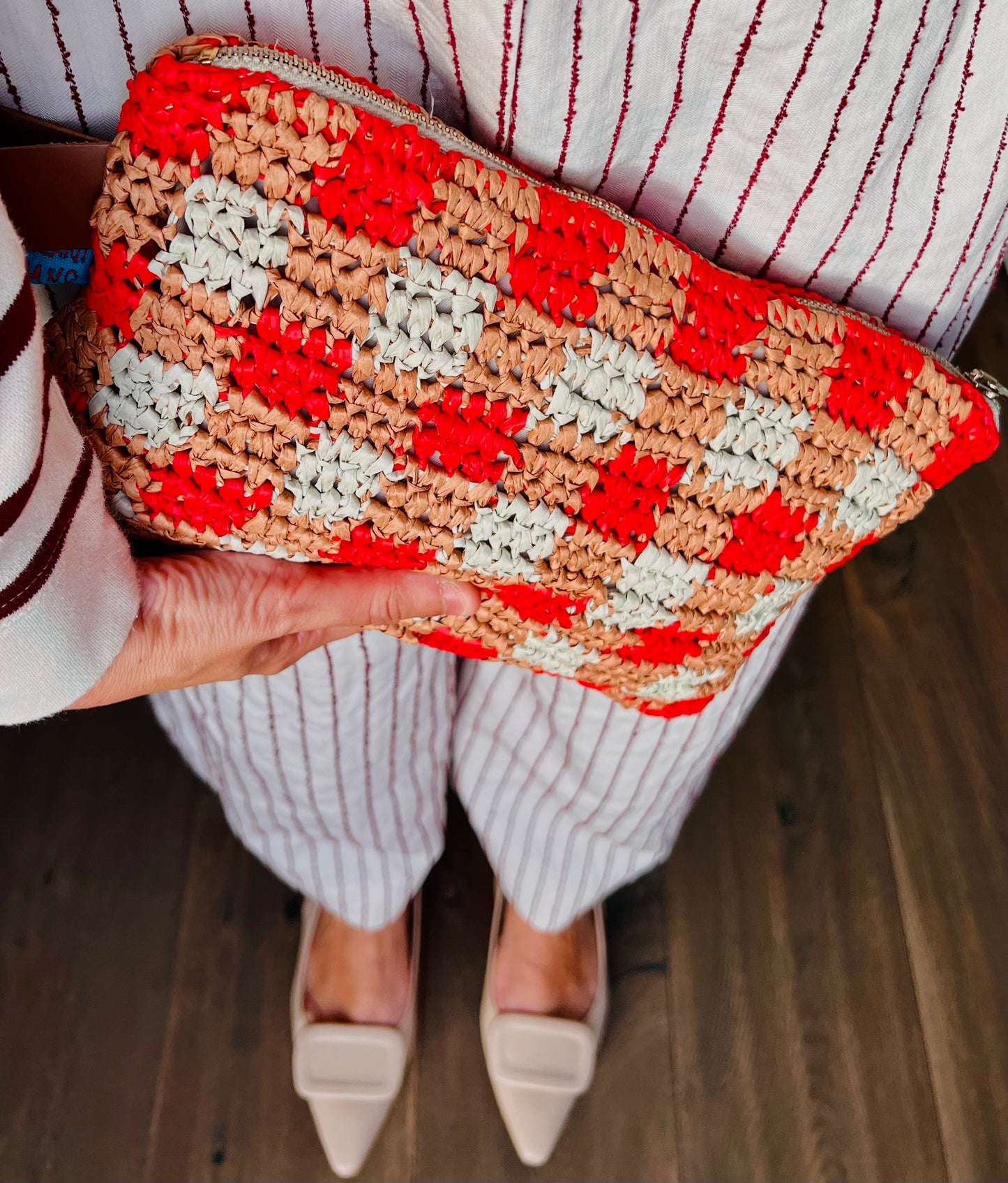 Maxi pochette rafia tessuta a mano vichy corallo e beige