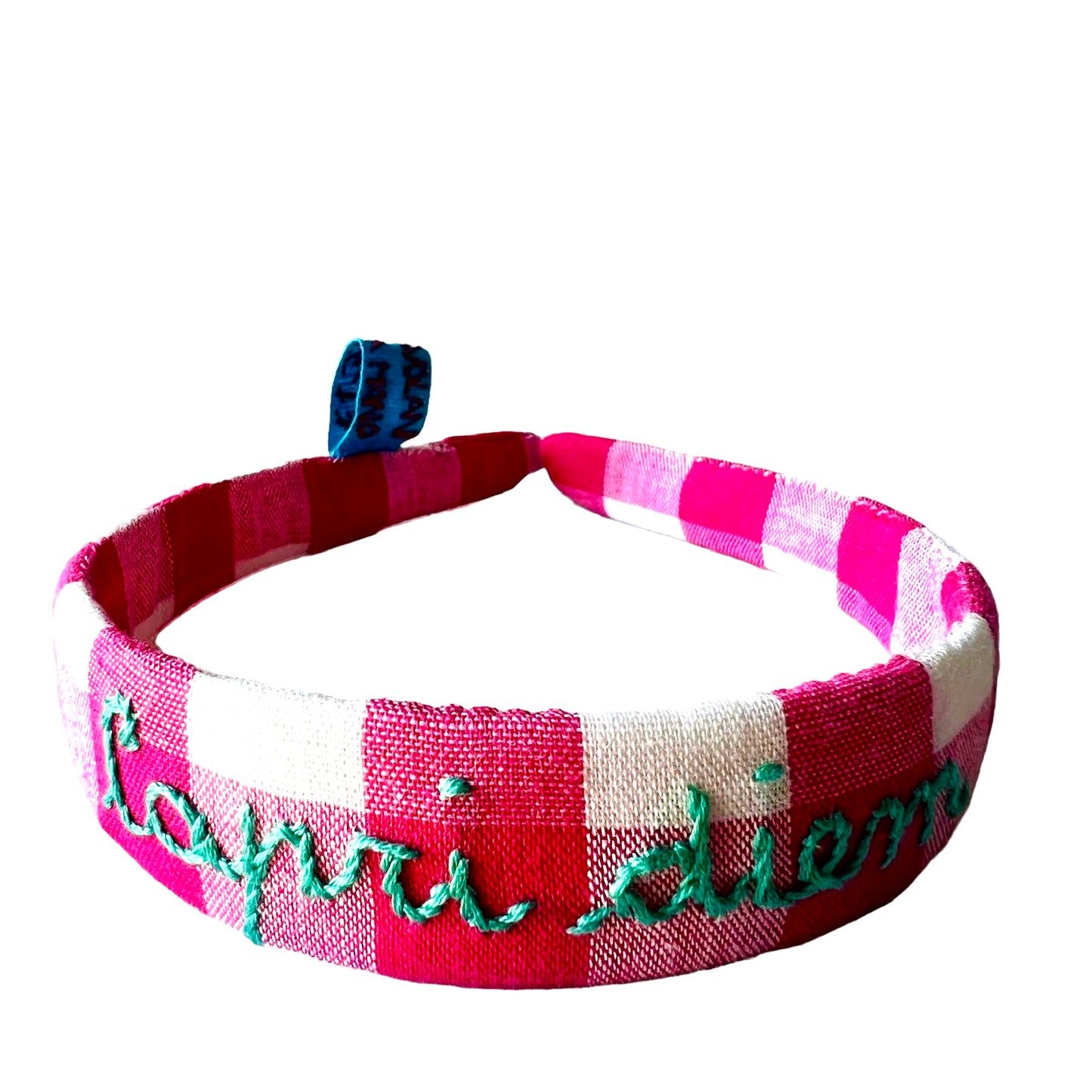 Cerchietto per capelli quadretti fucsia"Capri diem" ricamato a mano