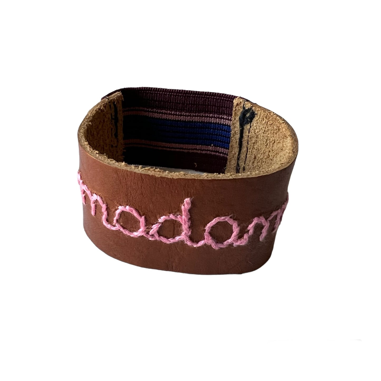 bracciale in cuoio fiore ricamato a mano "madame" e retro in elastico a righe