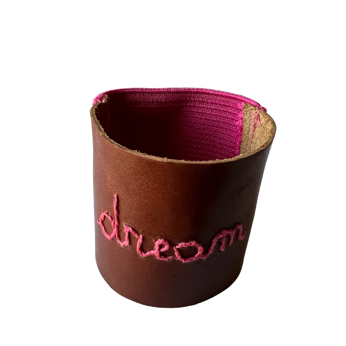 bracciale alto in cuoio fiore ricamato a mano "dream" e retro in elastico fucsia