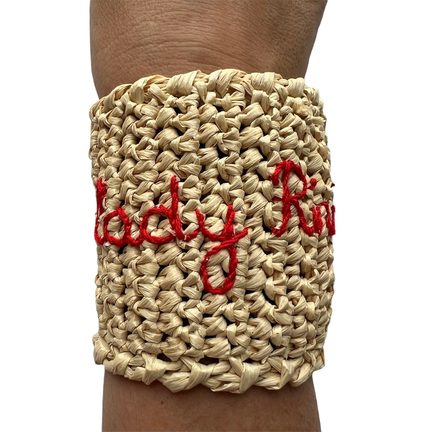 Bracciale alto naturale in rafia "lady Riviera" in rosso ricamato a mano
