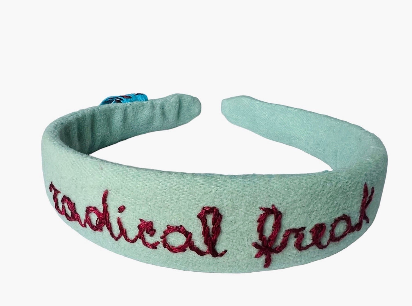cerchietto per capelli in fustagno verde acqua " radical freak" ricamato a mano