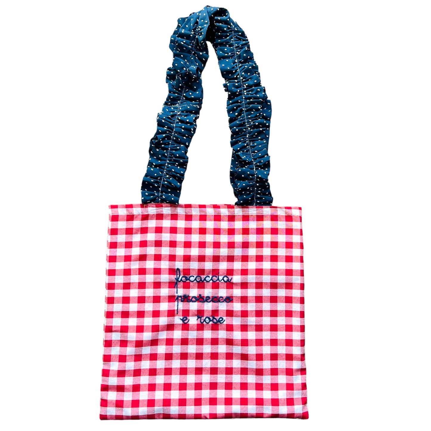 shopping bag "focaccia prosecco e rose" vichy rosso ricamata a mano con manici volants