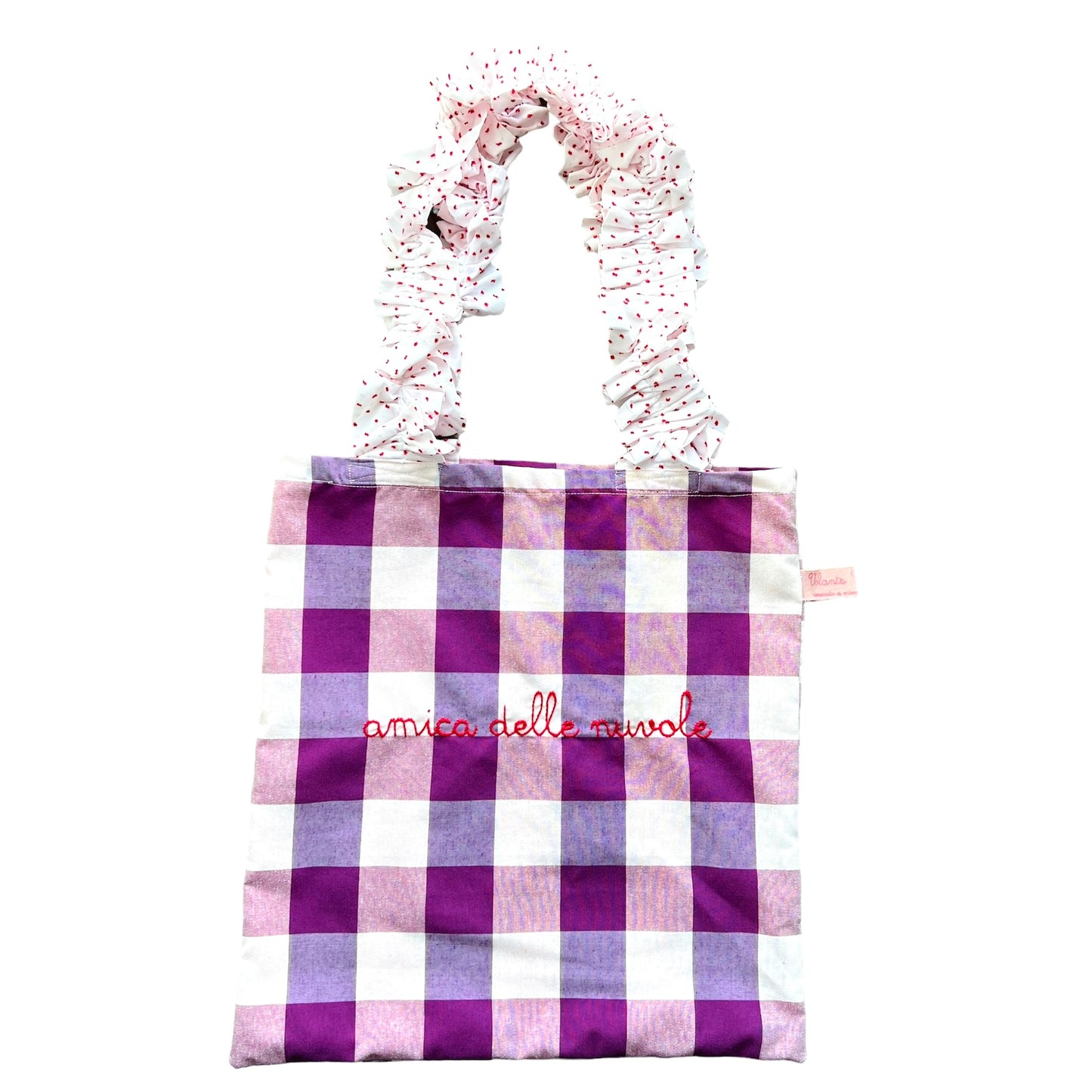 shopping bag "amica delle nuvole" vichy viola ricamata a mano con manici volants
