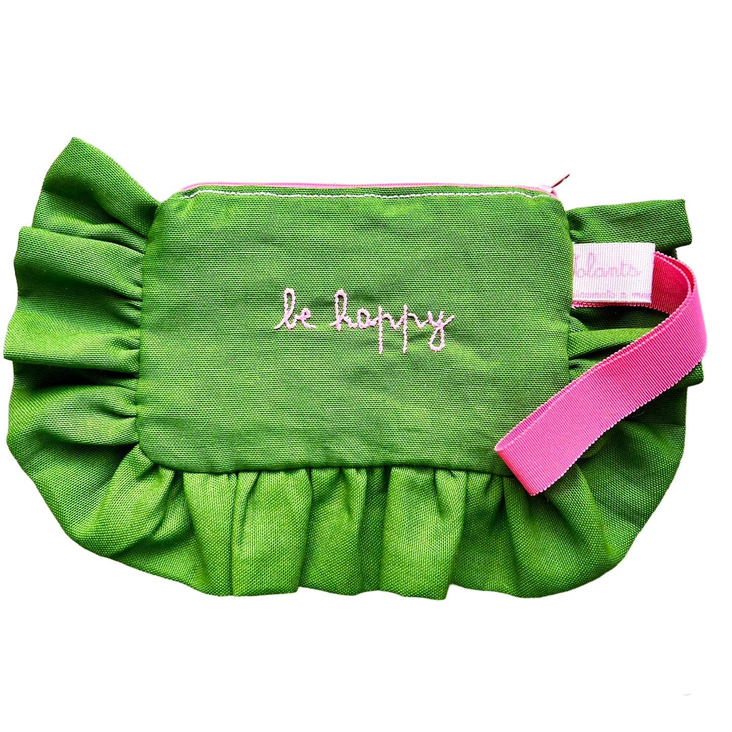 pochette mille usi in tela di cotone verde erba "be happy" ricamata a mano