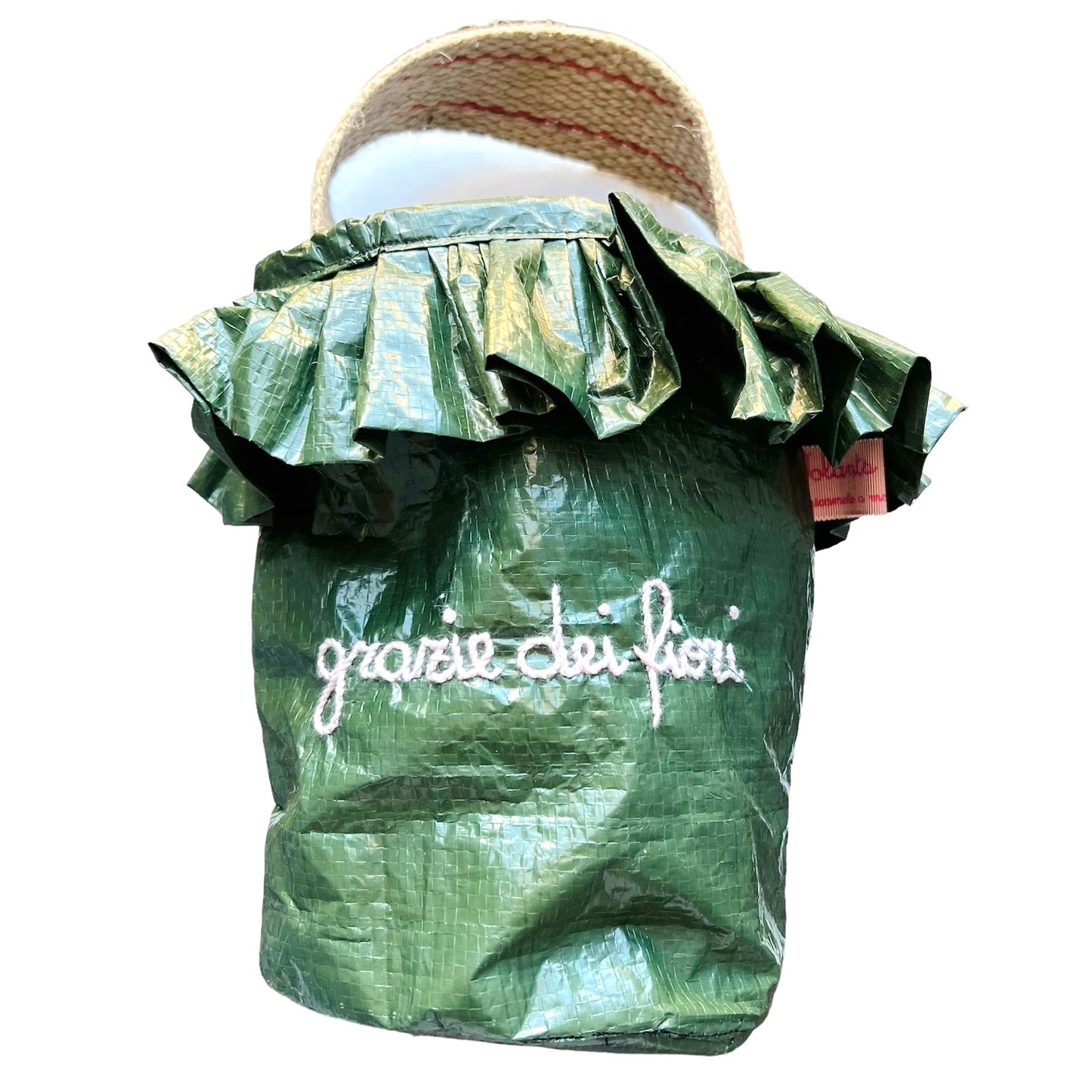 borsa a mano porta fiori e piantine " grazie dei fiori" ricamata a mano in rosa chiaro