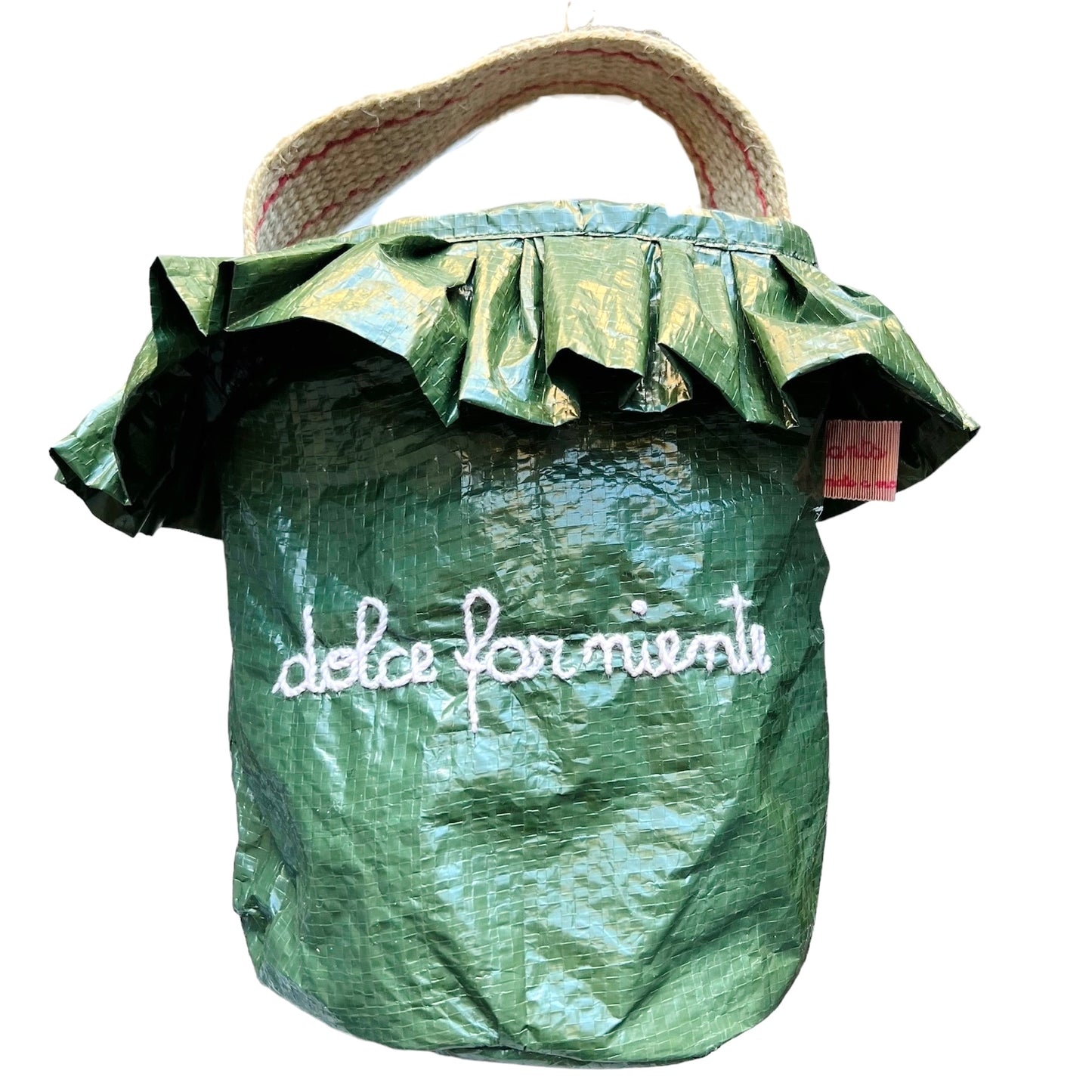 borsa a mano porta fiori e piante " dolce far niente" ricamata a mano in rosa chiaro