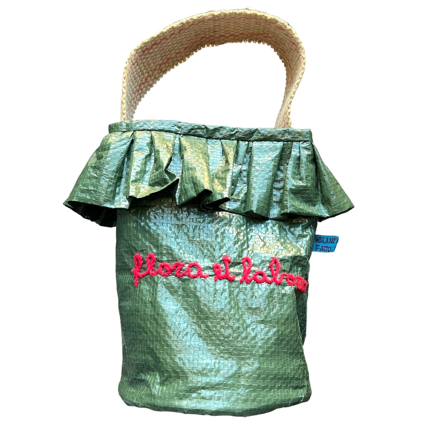 borsa a mano porta fiori o piantine "flora et labora" ricamata a mano in rosso