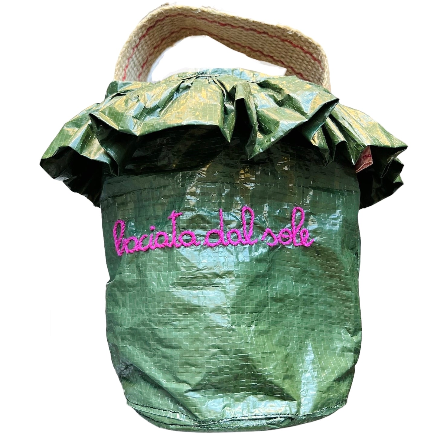 borsa a mano porta fiori e piante " baciata dal sole" ricamata a mano in fucsia