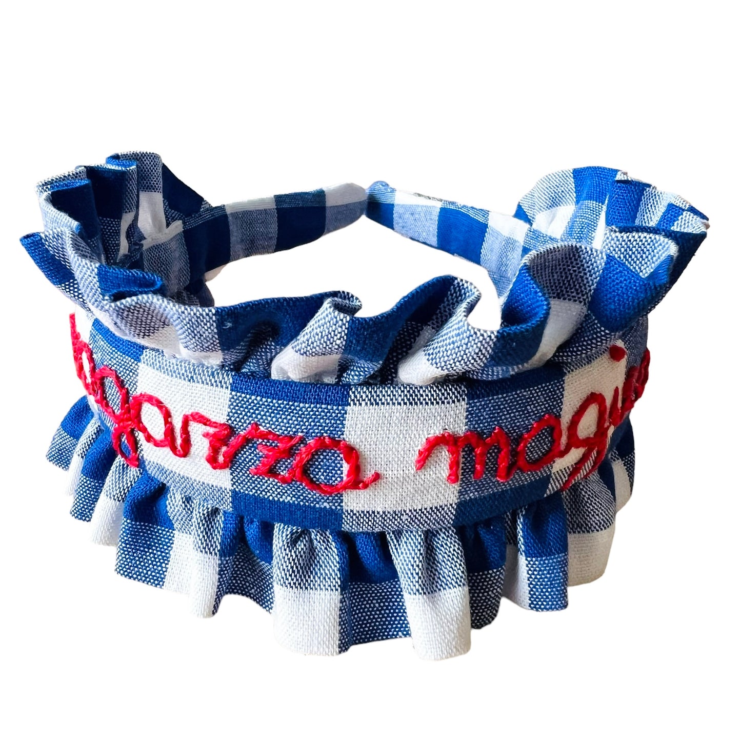 cerchietto per capelli con volants quadretti bluette “ ragazza magica” ricamato a mano