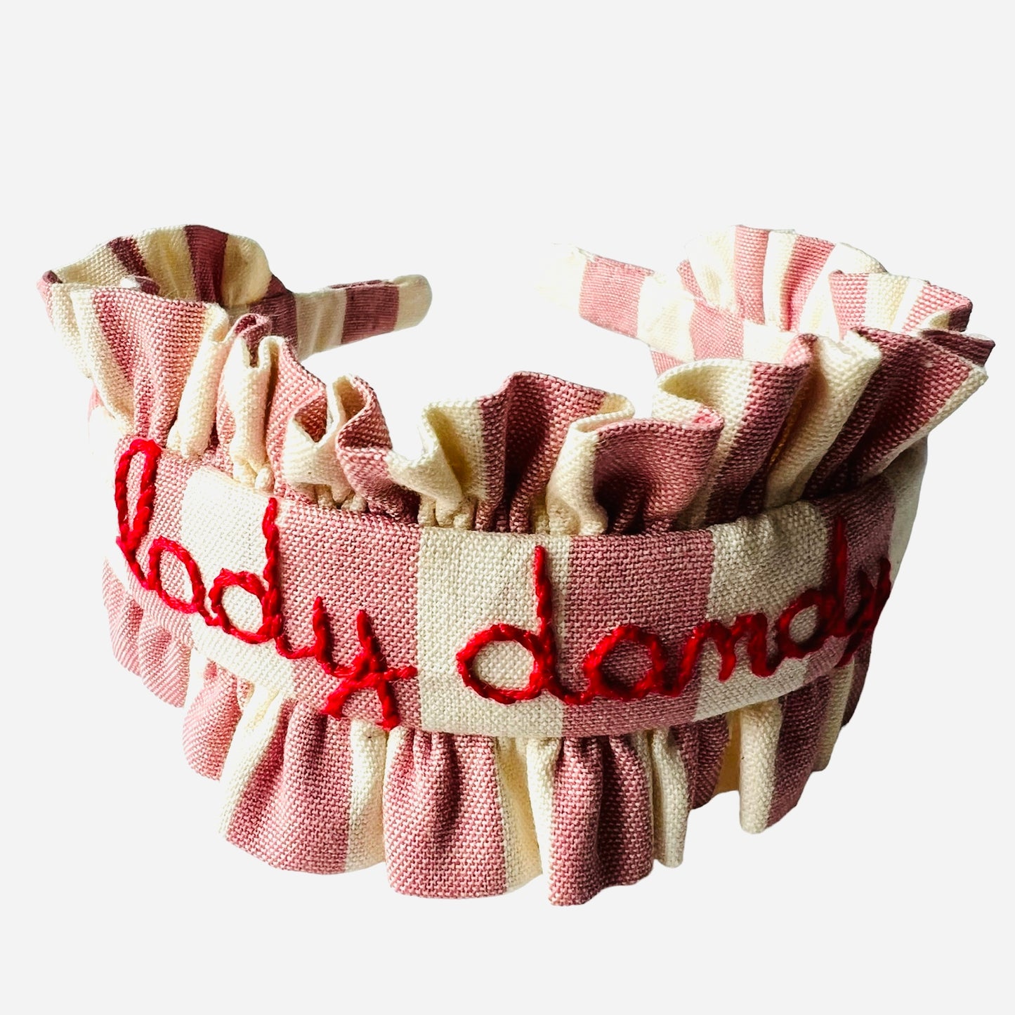 cerchietto per capelli con volants righe rosa malva “lady dandy“ ricamato a mano