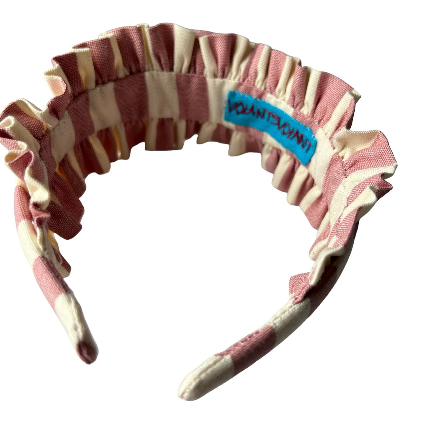 cerchietto per capelli con volants righe rosa malva “lady dandy“ ricamato a mano