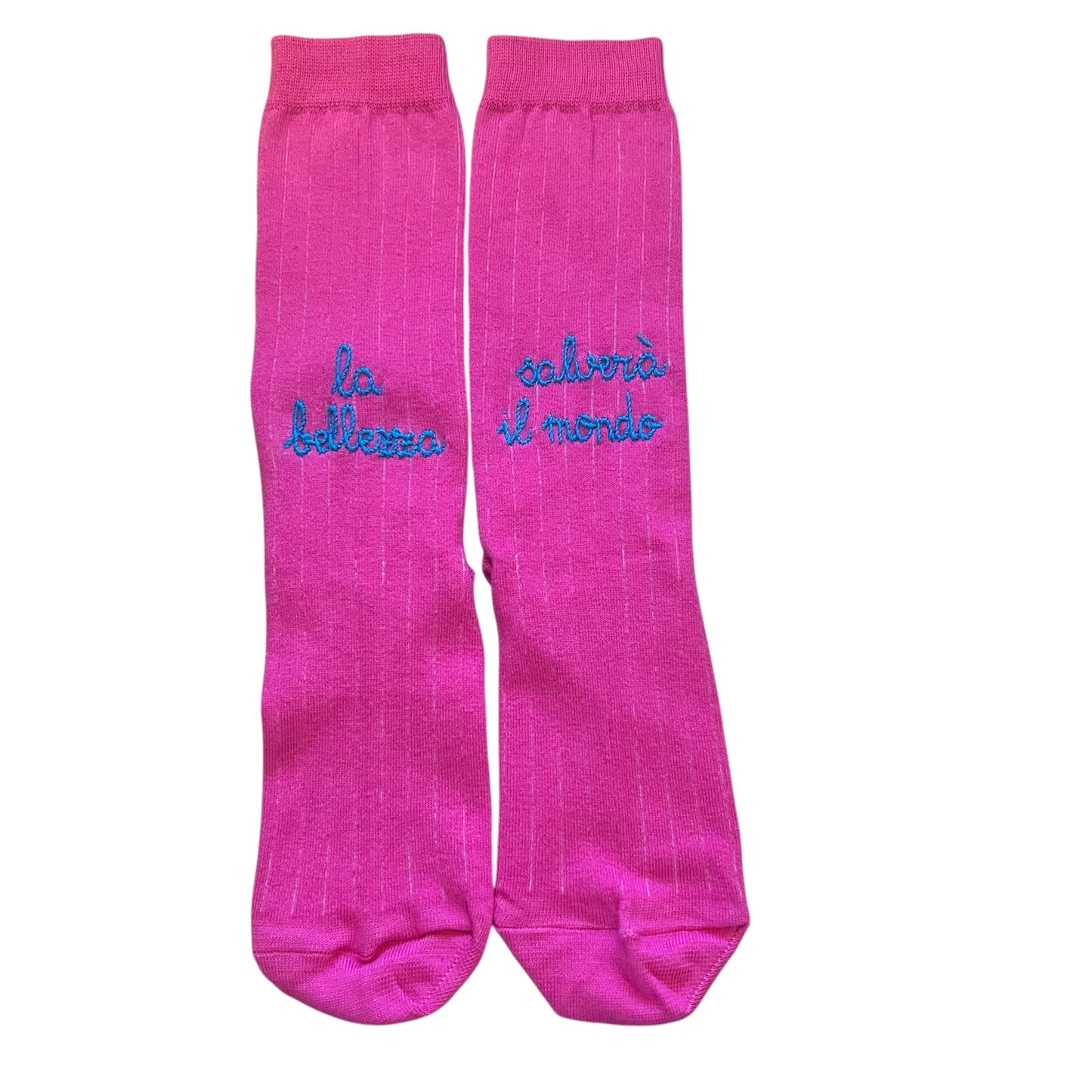 Calzini rosa Barbie "la bellezza salvera' il mondo" ricamati a mano