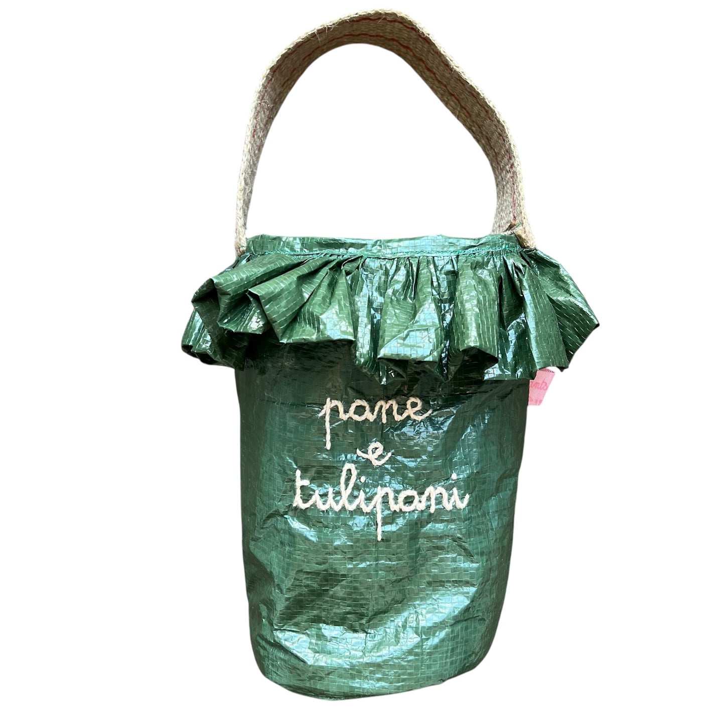 borsa a mano porta fiori e piante "pane e tulipani" ricamata a mano ecru'
