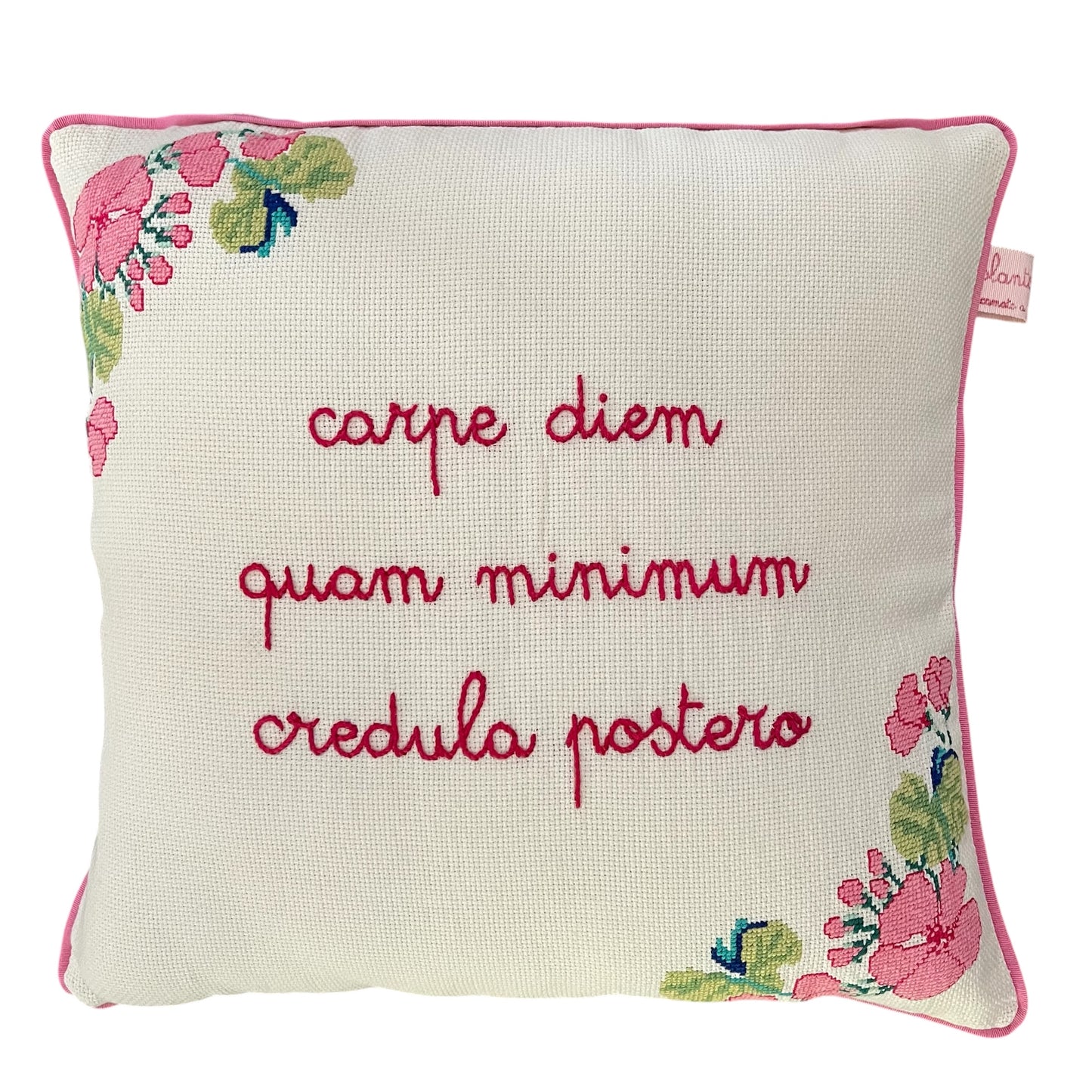 cuscino "carpe diem quam minimum credula postero" ricamato interamente a mano