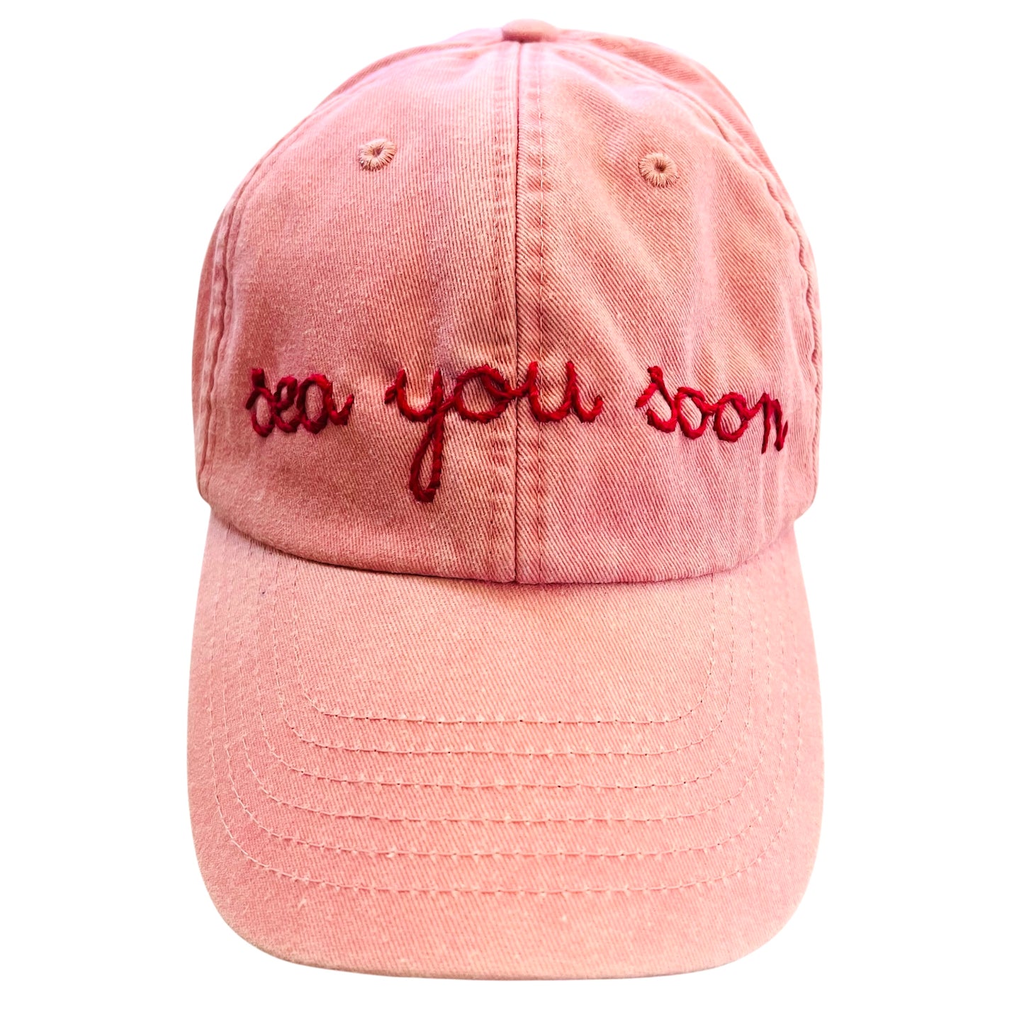 cappello con visiera rosa stone washed "sea you soon" ricamato a mano