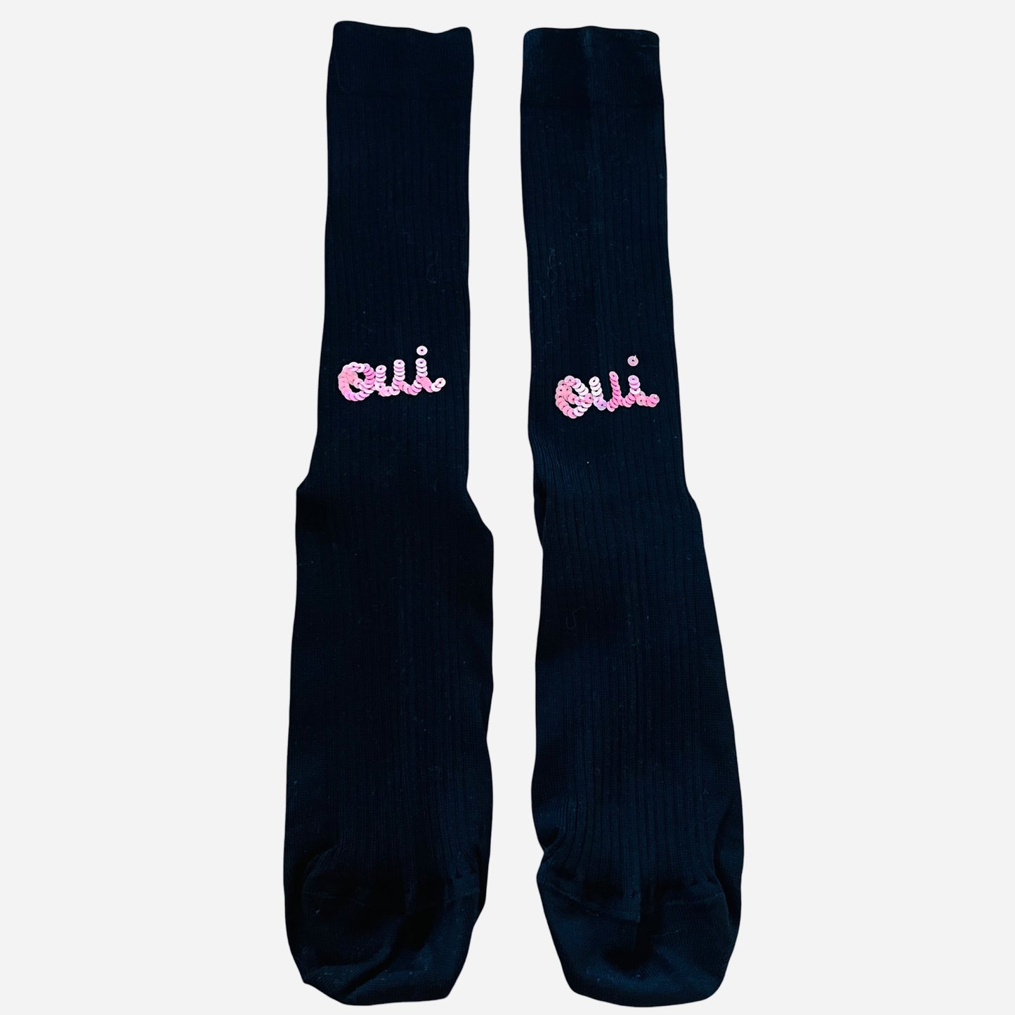 calzini in filo Scozia blu scuro "oui oui"" ricamati a mano con paillettes