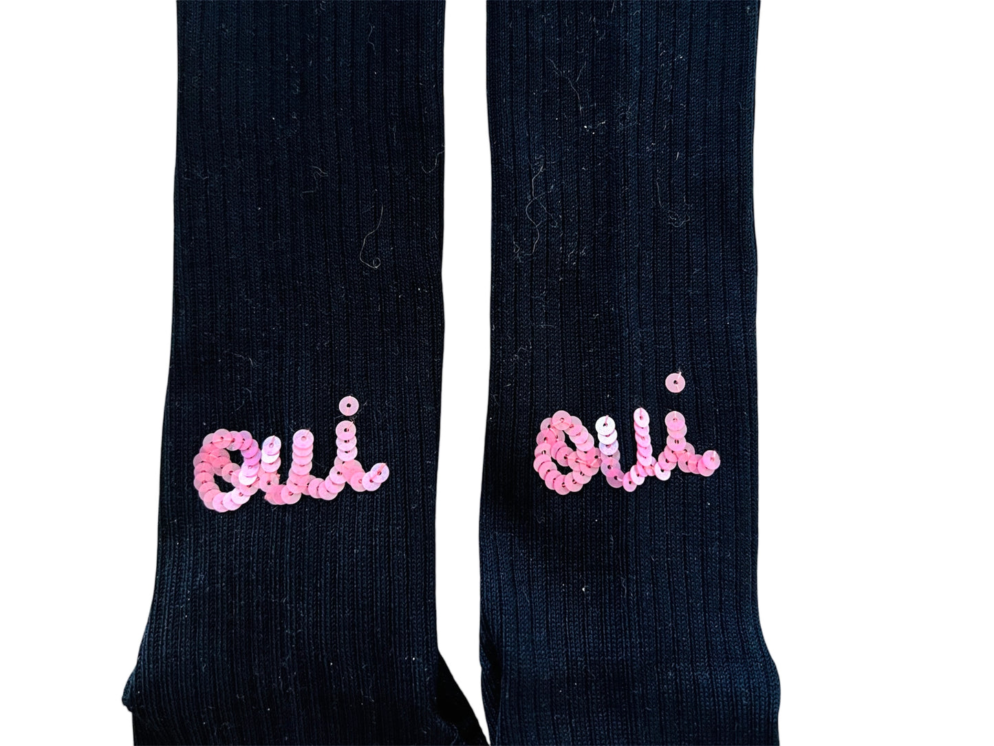 calzini in filo Scozia blu scuro "oui oui"" ricamati a mano con paillettes