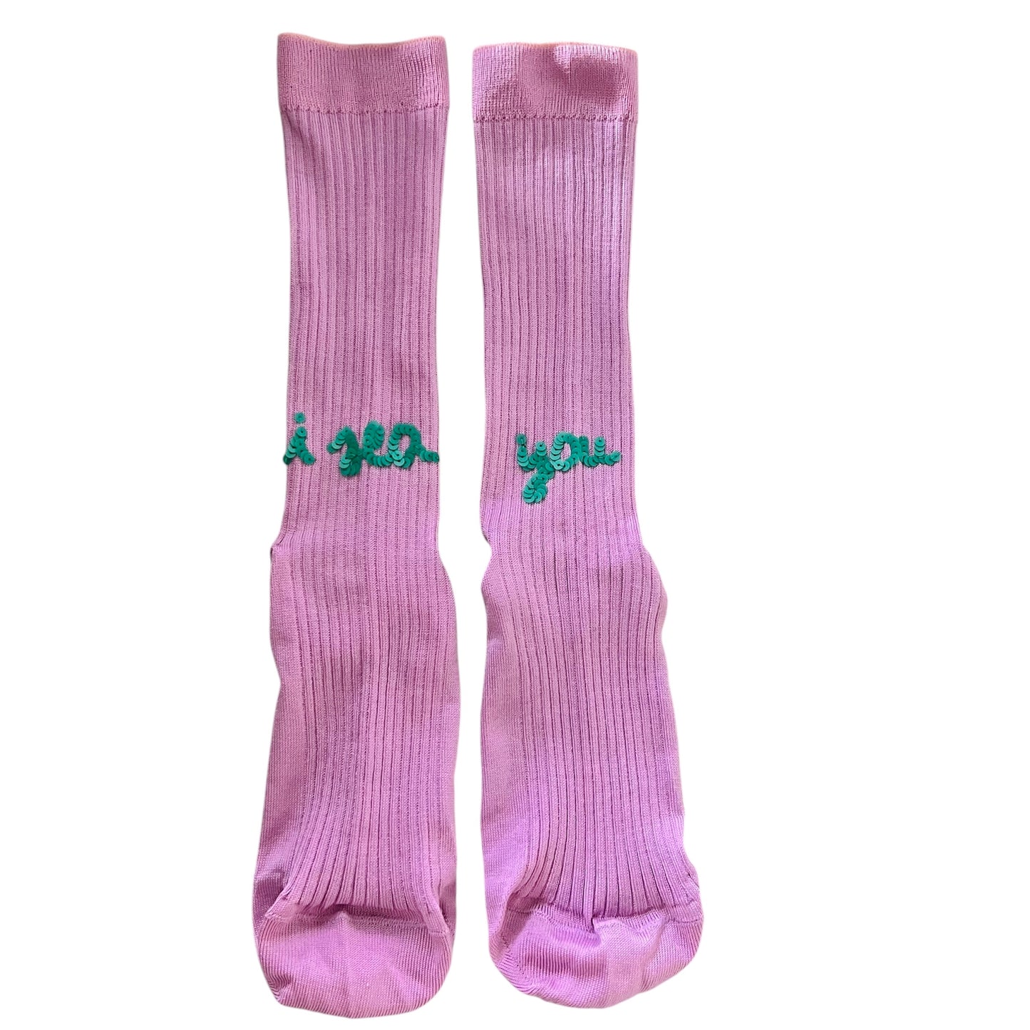 calzini in filo Scozia rosa peonia "i sea you " ricamati a mano con paillettes