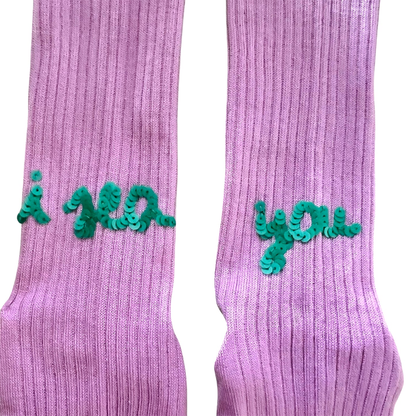 calzini in filo Scozia rosa peonia "i sea you " ricamati a mano con paillettes