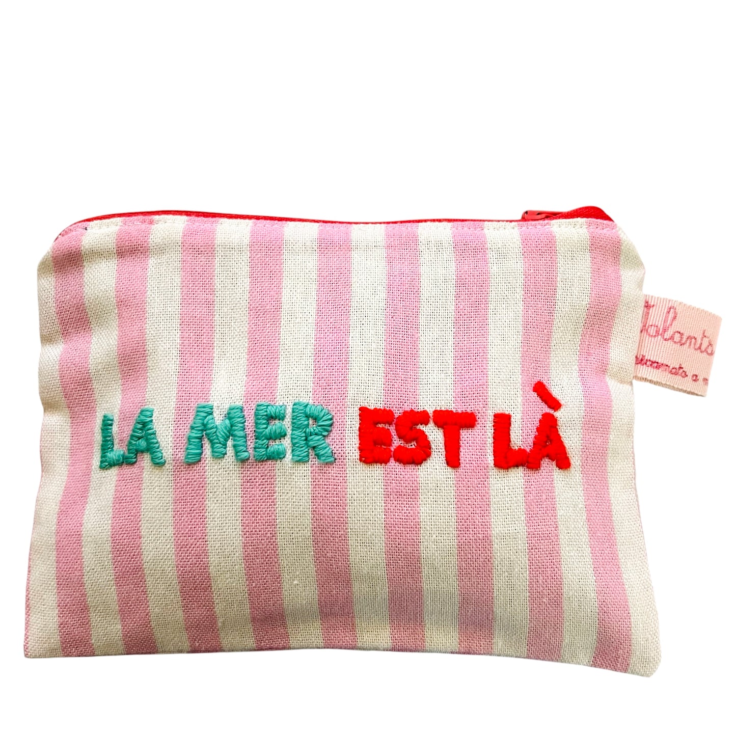 bustina mille usi in tela a righe rosa "la mer est là" ricamata a mano