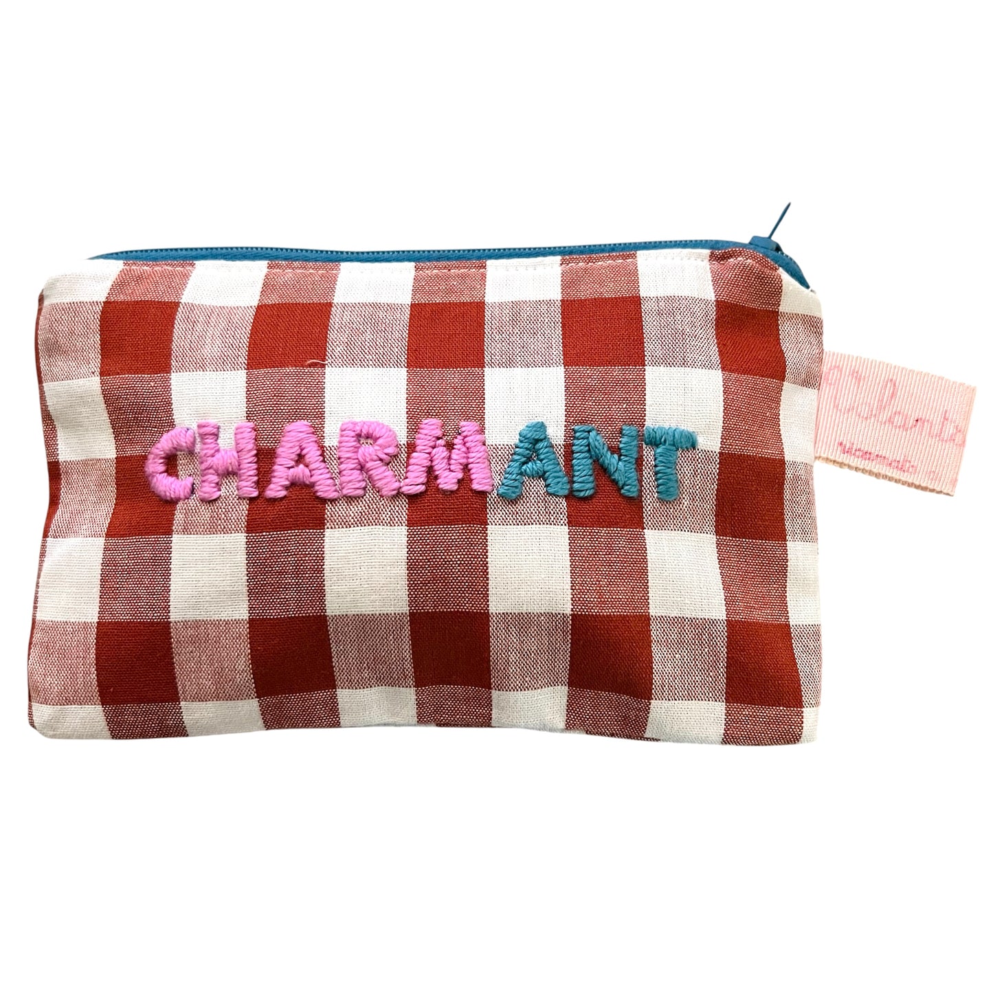 bustina mille usi in tela a quadri terracotta "charmant" ricamata a mano