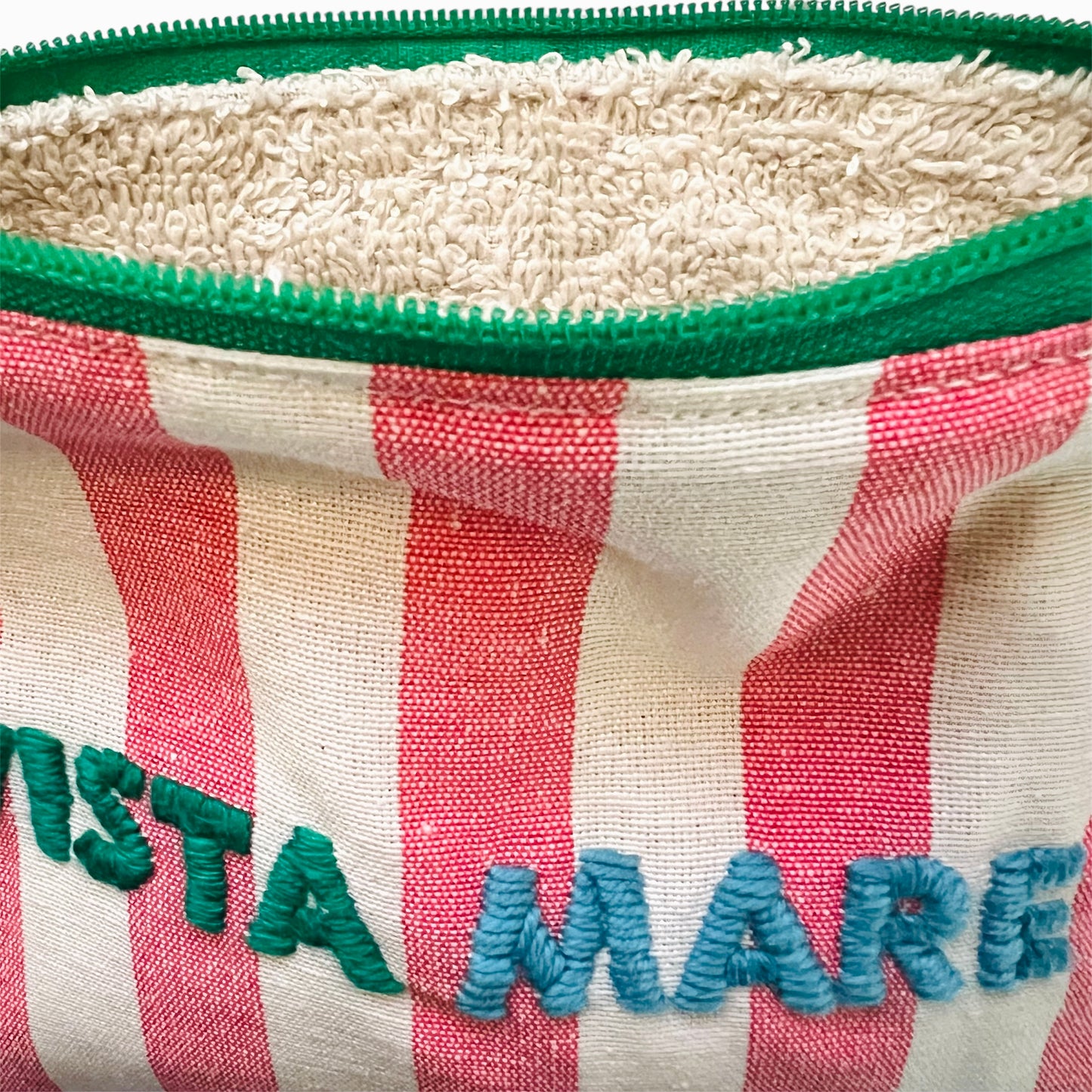 bustina a righe corallo " vista mare" ricamata a mano