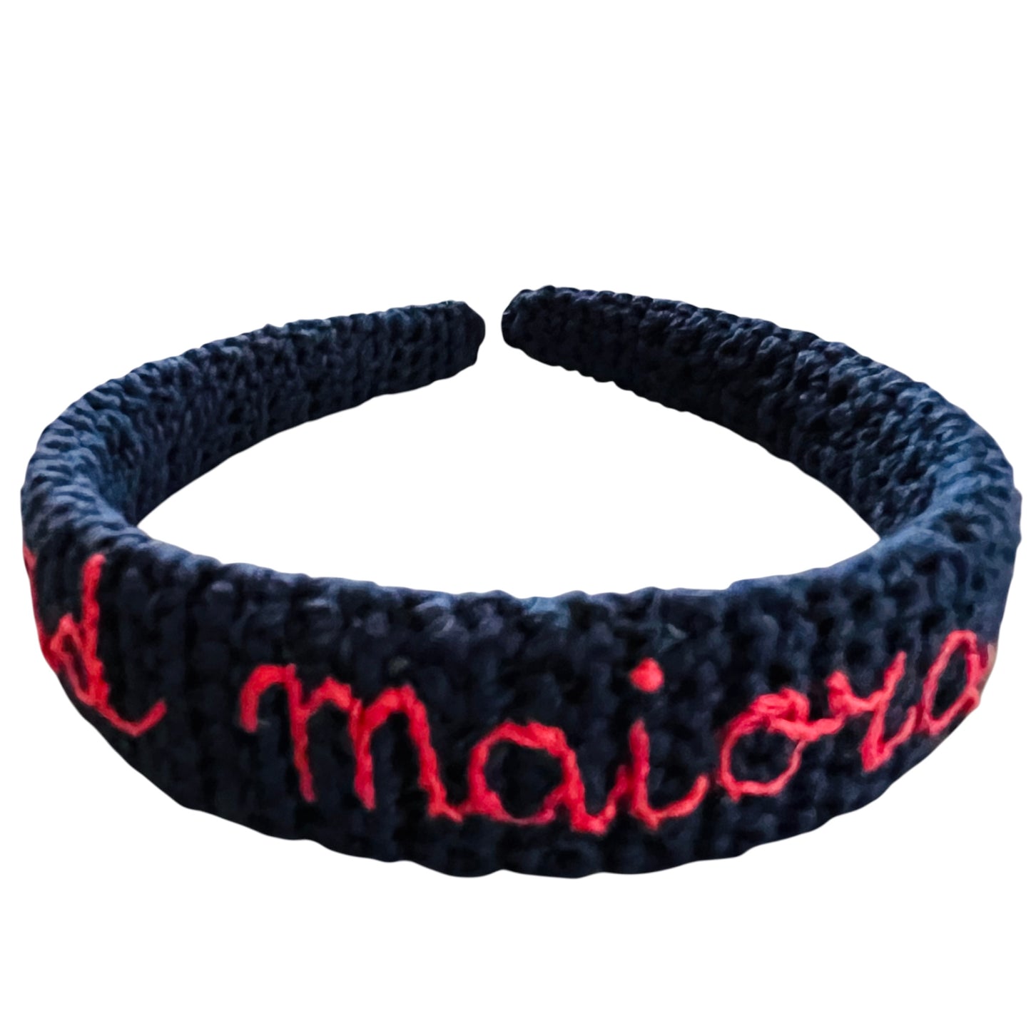 cerchietto per capelli in crochet di cotone blu scuro "ad maiora" ricamato a mano