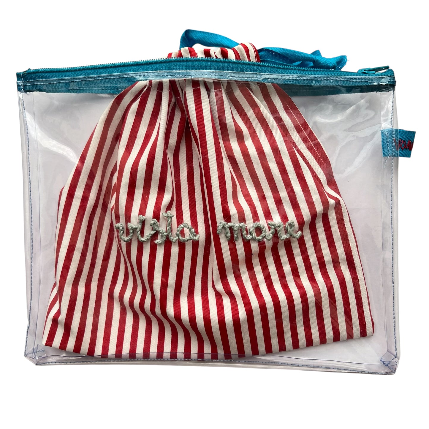 Bustina in pvc "vista mare"ricamata a mano con sacchetto estraibile in cotone riga rossa